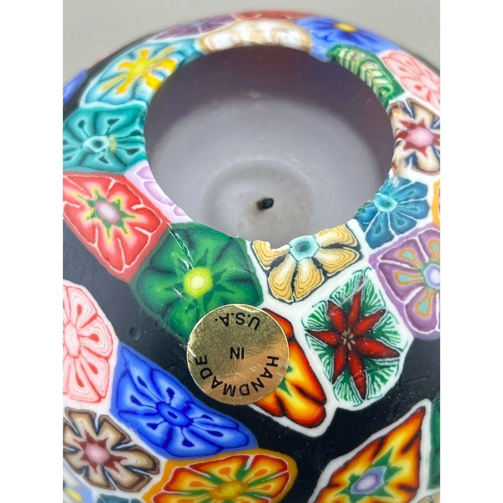 Stone Candles Millefiori Flowers Bee Pattern Candle Handmade USA Vtg Colorful